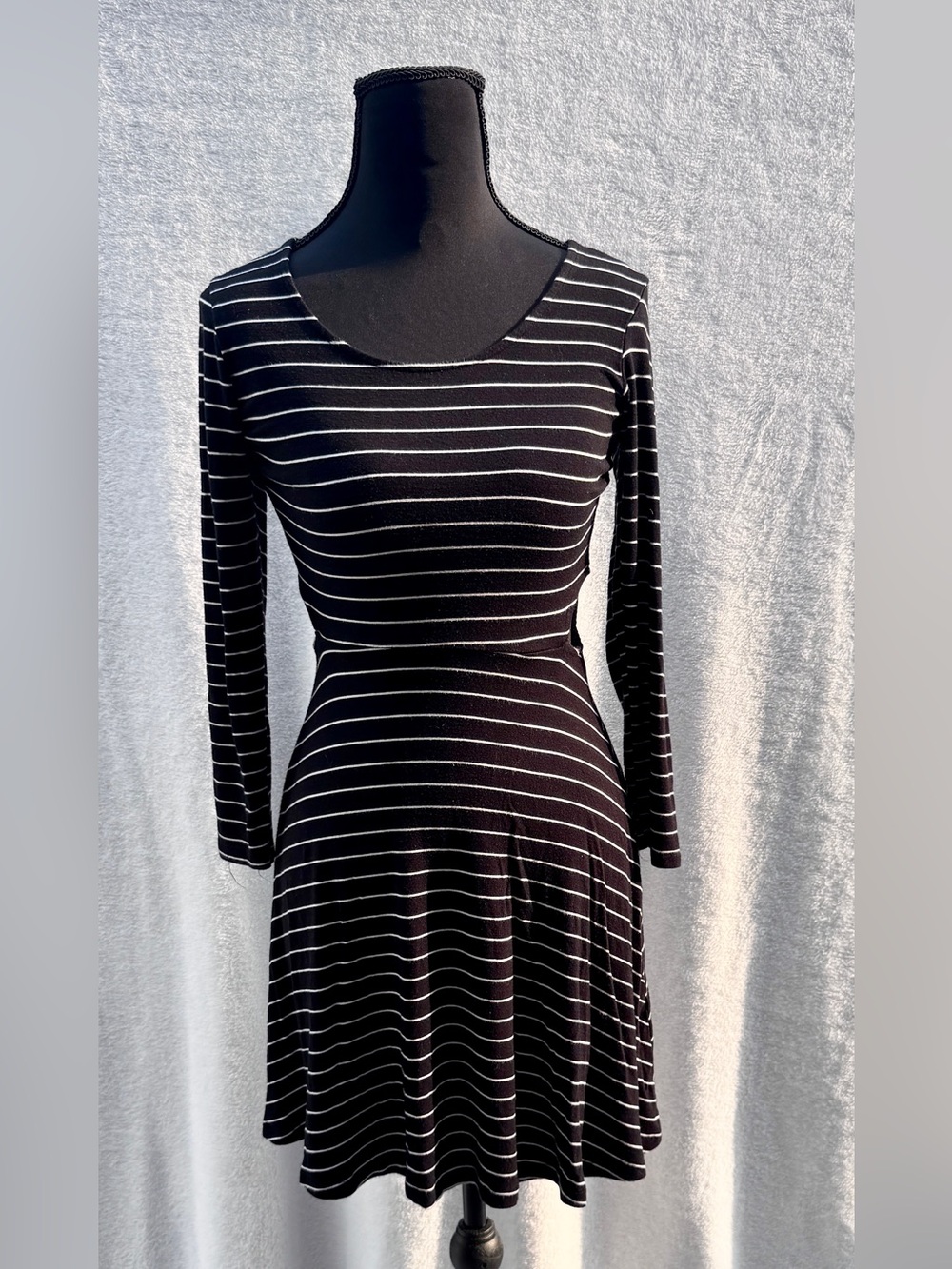 American Eagle Outfitters Black and White Striped Long Sleeve Fit & Flare Dress